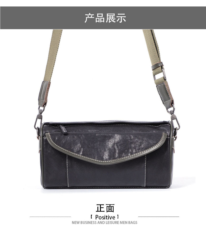 Túi đeo chéo nam da bò thật thuộc da thực vật, túi nhỏ đeo vai cá tính 29×11×17 cm — Dây đeo vai màu đen, Dây đeo vai đơn màu xanh lá cây, Dây đeo vai màu đen và xanh lá cây chi tiết 10