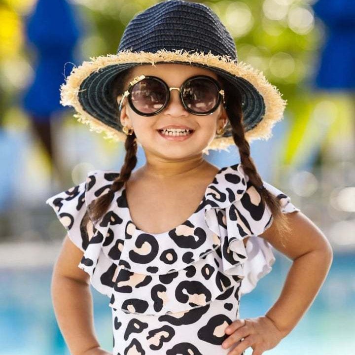2023 verano nuevo traje de baño de las niñas estilo coreano volantes triángulo traje de baño de una pieza estilo occidental leopardo estampado traje de baño de los niños