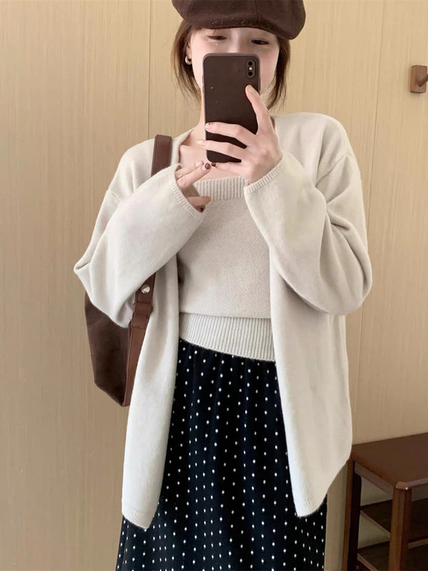 韩系温柔风纯色毛衣外套套装女秋冬宽松针织开衫小背心两件套1197|undefined