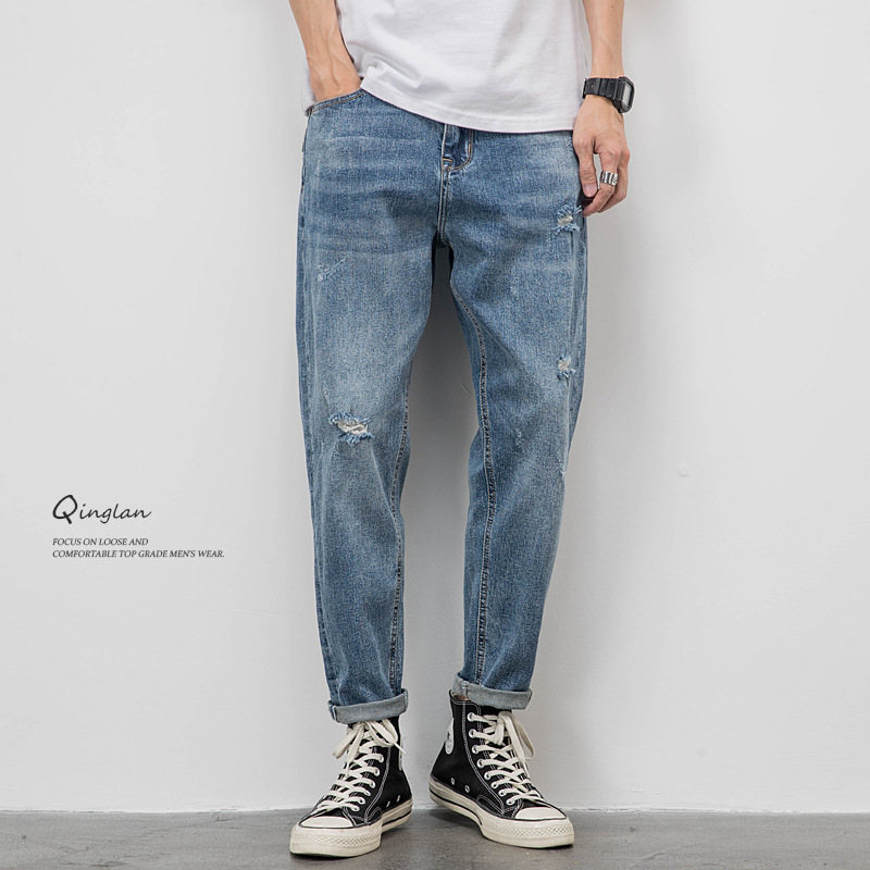 Washed Light Color Jeans Men's Loose Straight Ripped Casual Trendy Brand Cropped Pants Tapered Trousers Elastic Spring