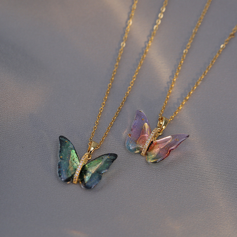 12g Weight Resin, Copper, Zircon Pendant Material Pendant Necklace Classification Titanium Steel Simple Style Patchwork Butterfly Pendant Necklace