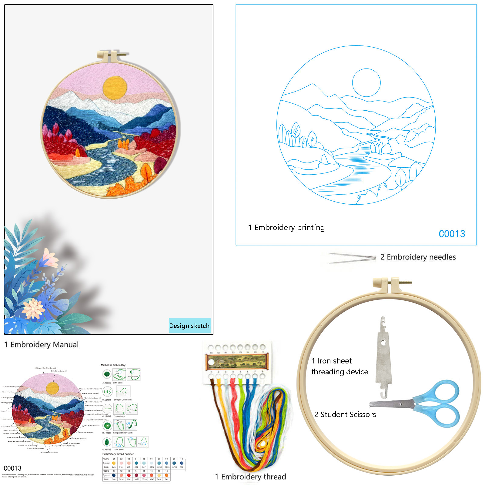 Bordado transfronterizo de nuevos productos, combinación de paisaje, sol y luna, bordado de paisaje hermoso, paquete de material para principiantes, bordado de fábrica