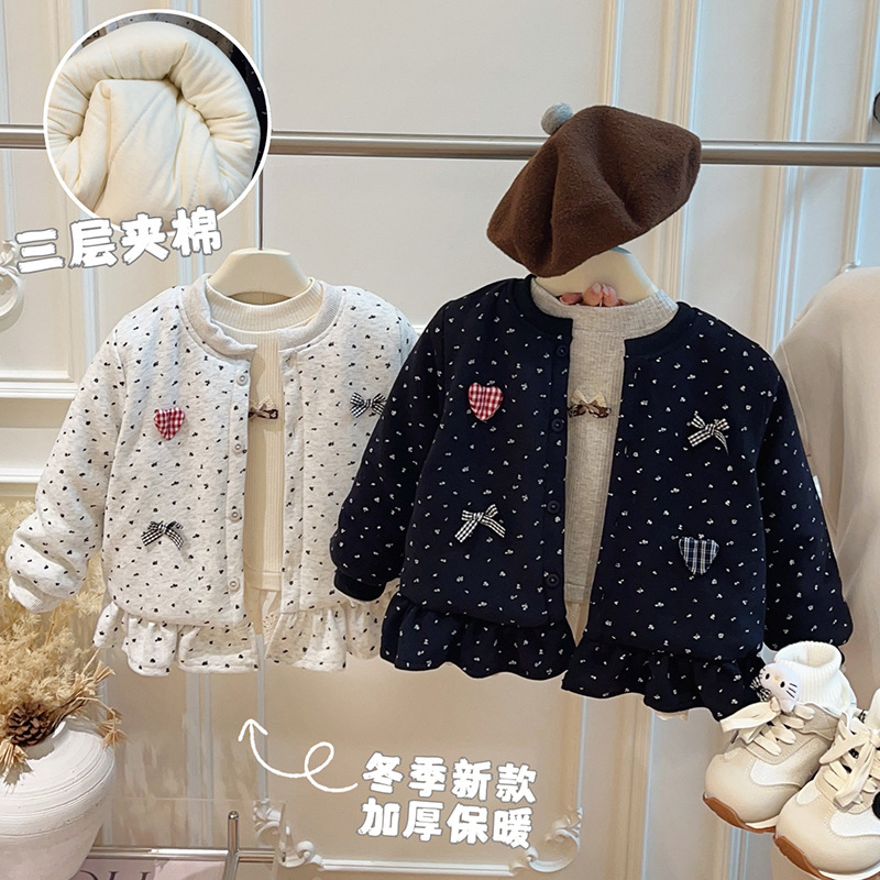 Autumn and Winter Trendy Three-Layer Quilted Thickened Cotton Jacket for Girls, Korean Style Warm Top for Baby Girls, Children's Clothing