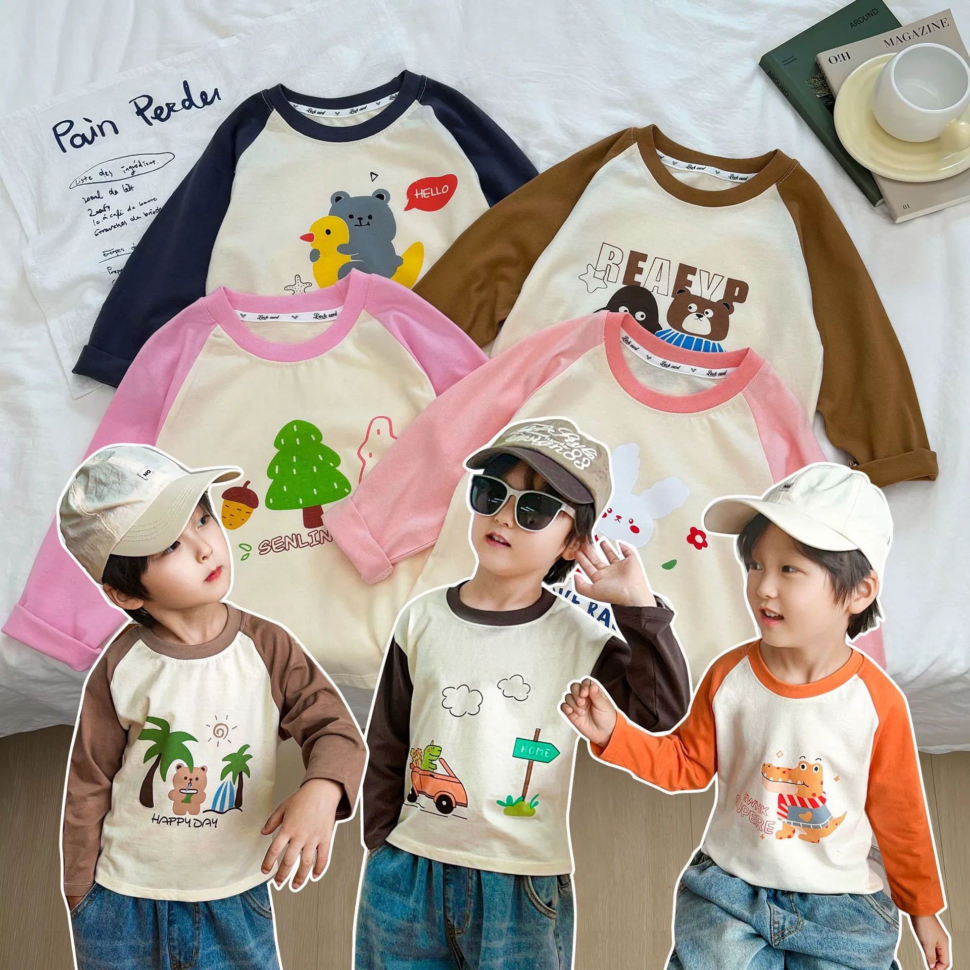 2025 новая детская футболка из чистого хлопка, топы для мальчиков, цельная одежда с длинными рукавами для маленьких девочек категории A, одежда из чистого хлопка, модная детская одежда с героями мультфильмов