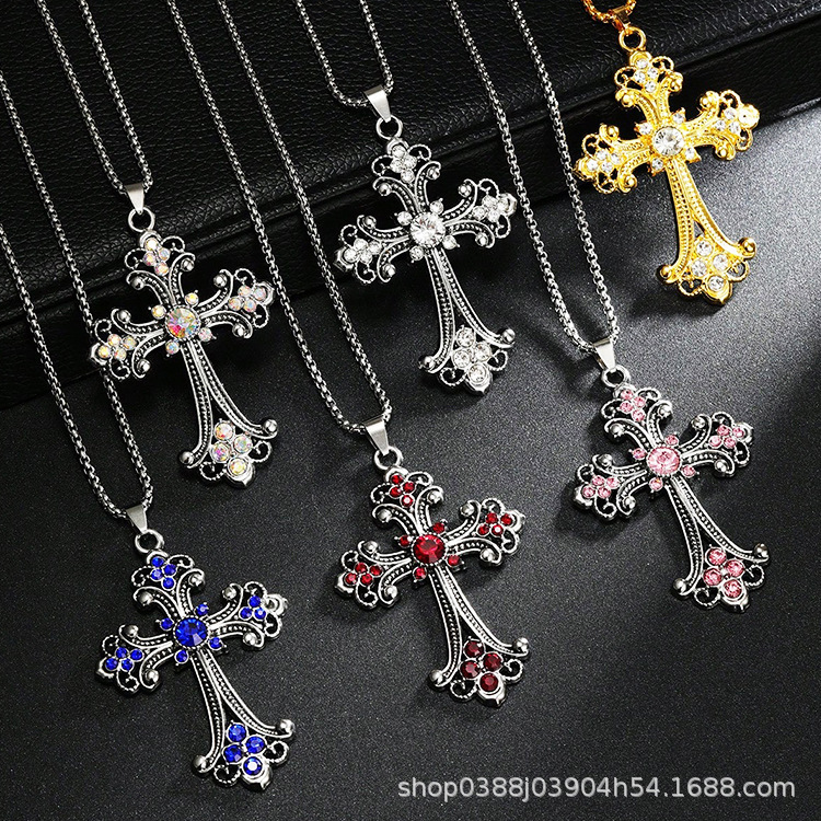 2026 New Baroque Style Cross Necklace for Men, European and American Hip-Hop Versatile Pendant, Women's Sweater Chain Accessory Trendy
