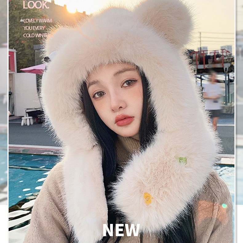 (2개) 새해 귀여운 플러시 두꺼운 레이 펭 모자 여성 겨울 국립 유행 귀 보호 스카프 모자 사이클링 스키 바오 터우 모자