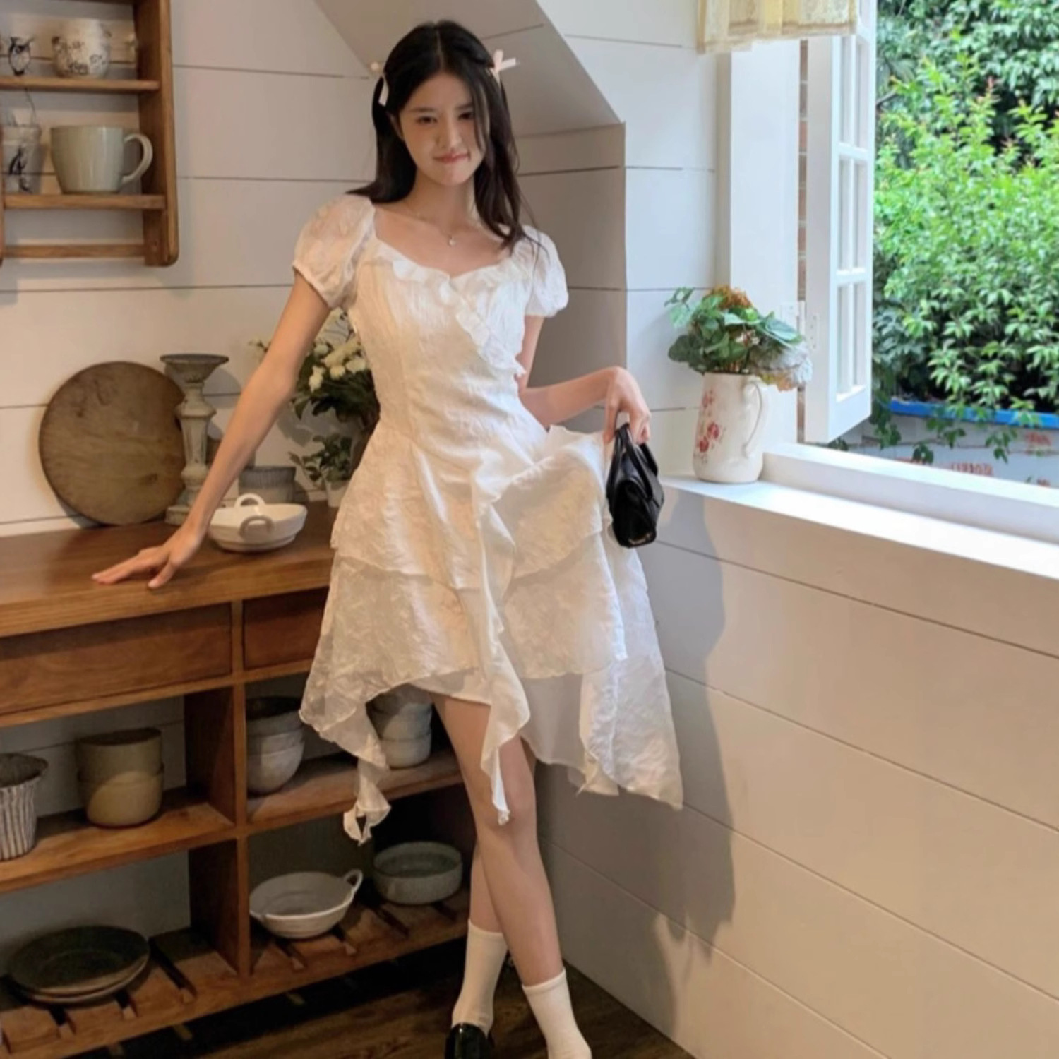 프랑스 첫사랑 요정 화이트 드레스 여성 여름 허리 슬리밍 작은 기질 불규칙한 연잎 스커트