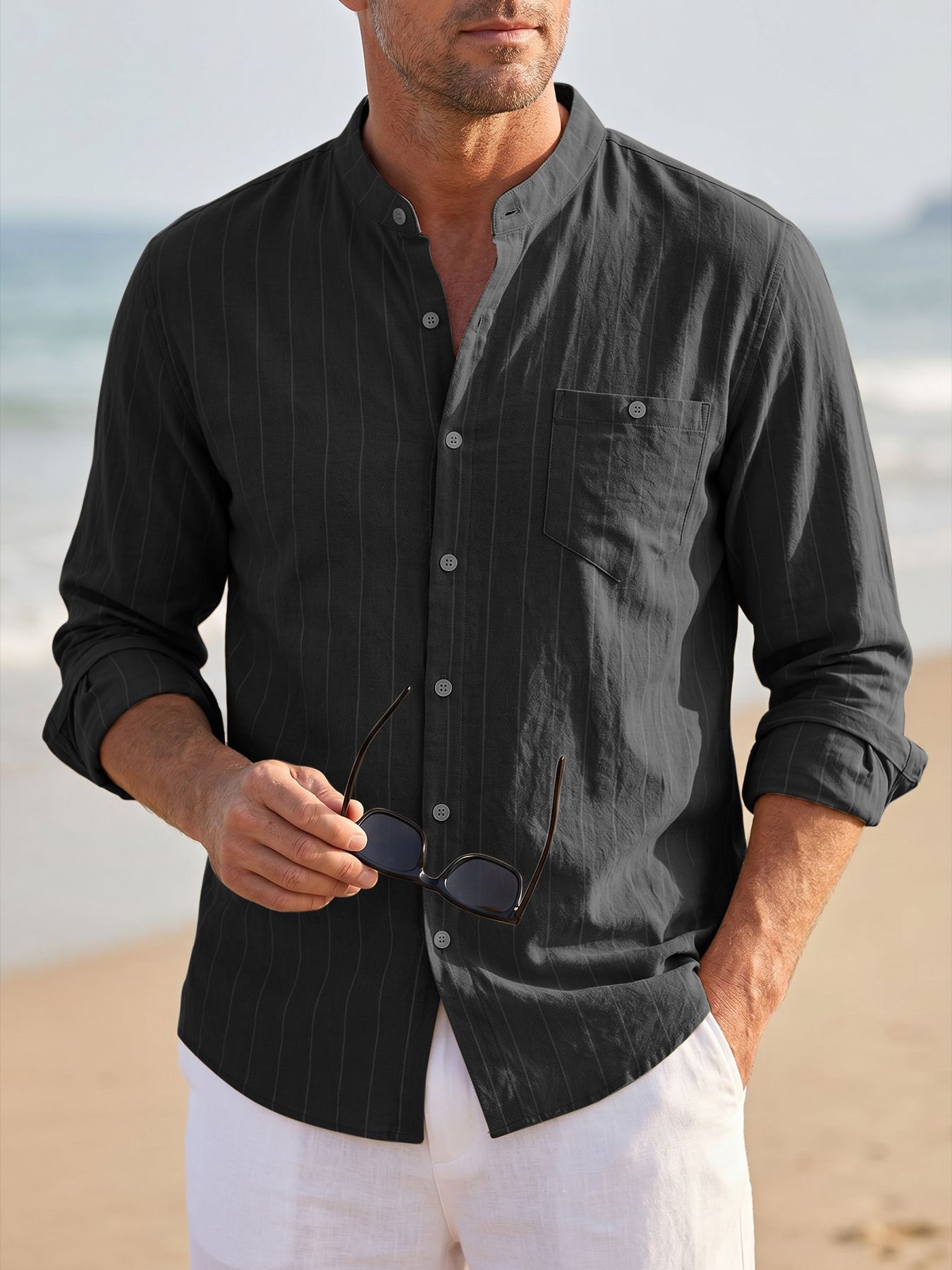 Transfronterizos primavera y verano estadounidenses con rayas de lino relajadas, cuello de manga larga, hombre de secado rápido, camisa transpirable americana grande