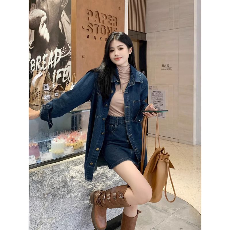 韩版时尚牛仔套装女2023秋季复古气质宽松衬衫外套包臀短裙两件套|undefined