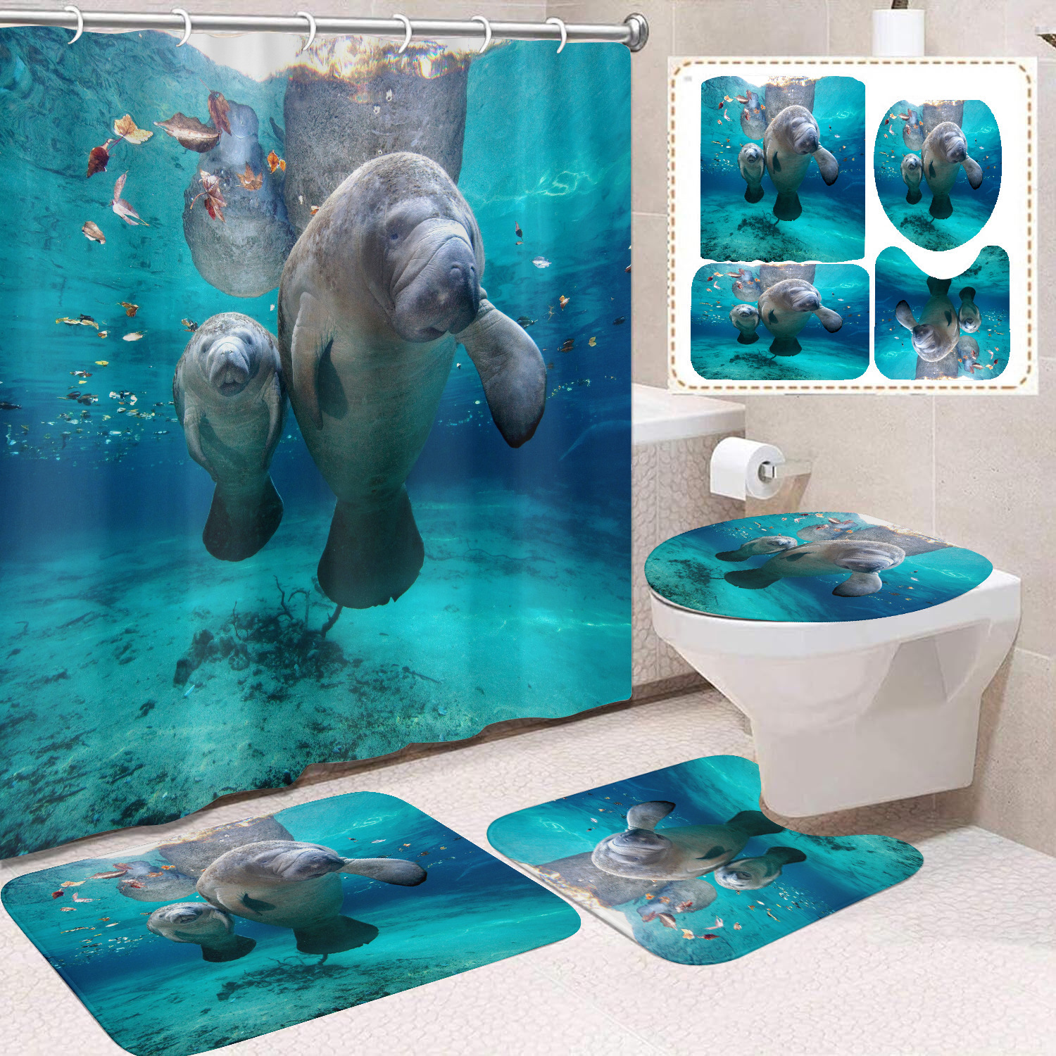 Cortina de ducha transfronteriza con diseño de delfines azules, estampada digitalmente, de poliéster, sin perforaciones, para baño, decoración del hogar image 53