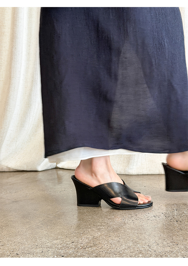 Sandal cao gót nữ hở mũi quai ngang da thật gót 8 cm — màu nâu, màu đen, màu trắng chi tiết 14