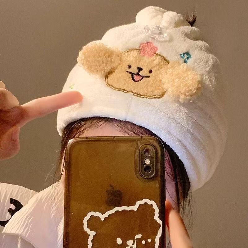 Cute Line Drawing Puppy Hair Drying Cap, Quick-Drying, Water-Absorbent, Non-Shedding, Thick Coral Fleece, Home and Dormitory Use, Cartoon Hair Drying Towel