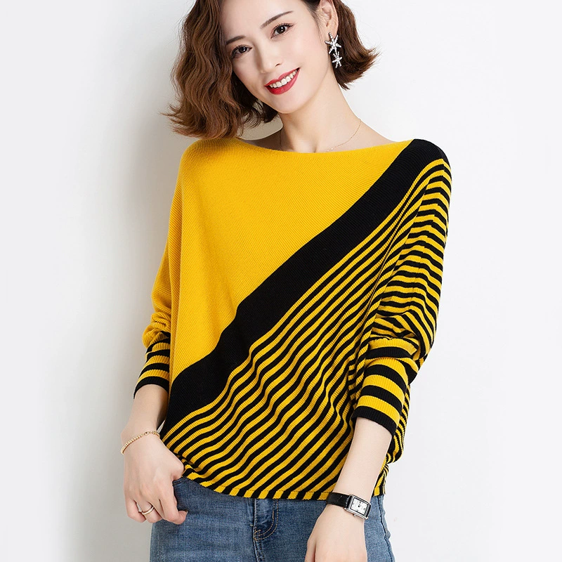 Женский свитер с воротником в автономном стиле, свободный свитер в Корейском стиле, контрастный вязаный свитер в полоску для весны и осени 2023 года