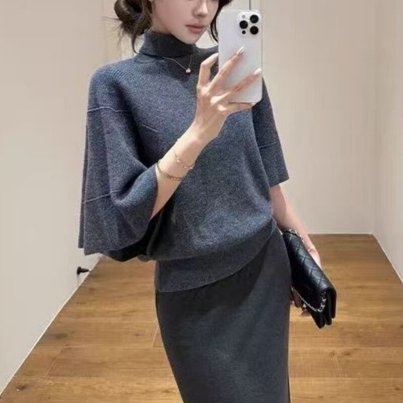 Korean-style high-neck shawl cape knit sweater for women, autumn and winter new collection, elegant loose fit, slimming long-sleeve pullover Korean-style high-neck shawl cape knit sweater for women, autumn and winter new collection, elegant loose fit, slimming long-sleeve pullover