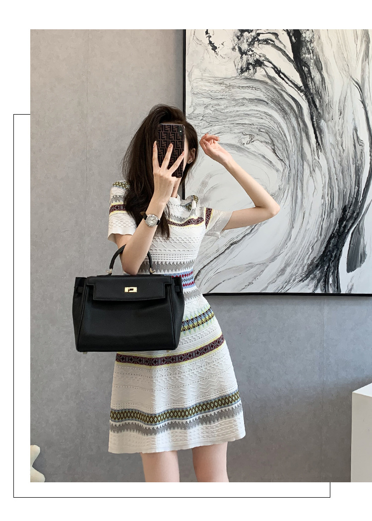Váy dệt kim ngắn tay phong cách nữ thần sang trọng — màu xanh chi tiết 12