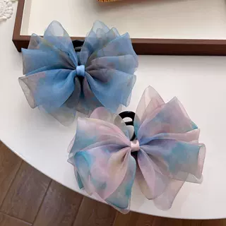 网红新款炫彩蝴蝶结欧根纱抓夹气质时尚超仙少女精品店头饰发饰