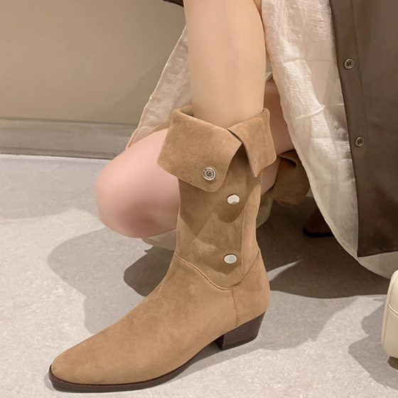 Heap Boots Women's 2024 New Thick Heel High Heels Mid-Barrel Western Cowboy Boots But Knee Long Barrel Knight Boots