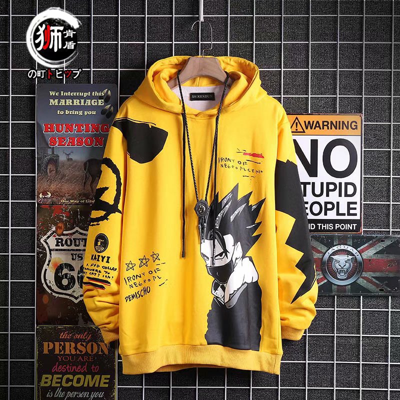 2025 Japanese-Style Ins Hooded Sweatshirt for Men, Korean Version Trendy Anime Print Long-Sleeve Hip-Hop Patchwork Pullover Top