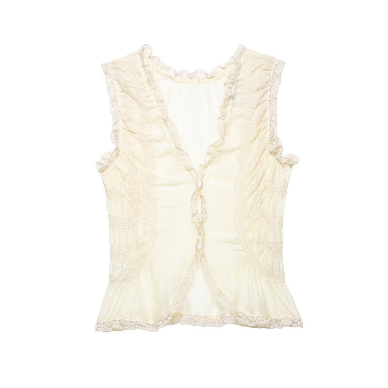 European and American Style 2026 Spring and Summer New Women's Clothing Elegant Style Simple Lace Splicing Translucent Pleated Buttoned Shirt