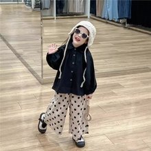 女童秋装森系复古衬衫黑色灯笼袖竹节衬衣+棉麻波点阔腿裤分开拍