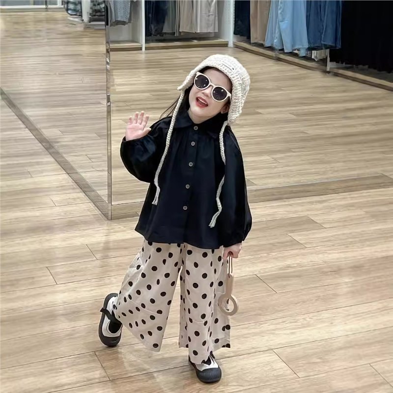 女童秋装森系复古衬衫黑色灯笼袖竹节衬衣+棉麻波点阔腿裤分开拍