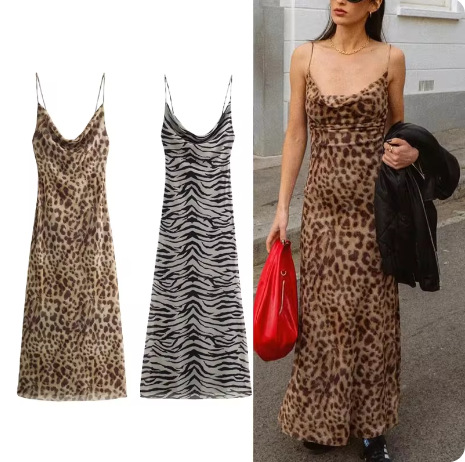 Cross-border Summer New Women's Clothing Animal Print Strap Long Dress Slimming And Sexy Pleated Design_ecoleips.com
