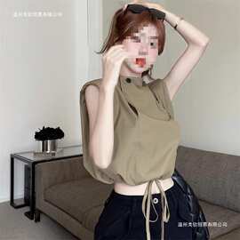设计感小众立领斜扣短款百搭抽绳卡腰无袖垫肩背心衬衫女洋气衬衣