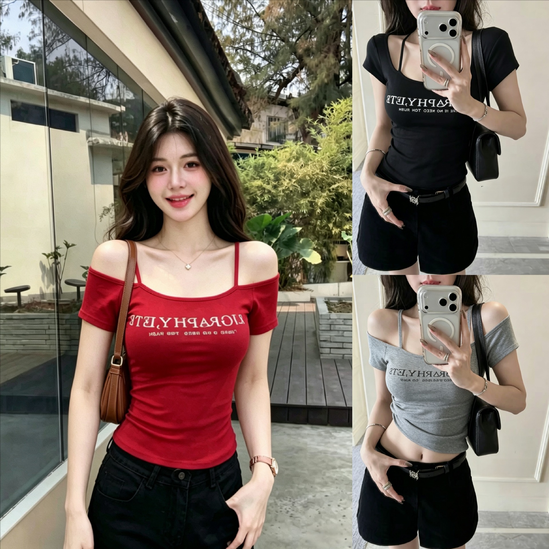 (Multiple ways to wear) American-style hot girl off-shoulder short-sleeved t-shirt for women, summer sexy slim fit top 26105