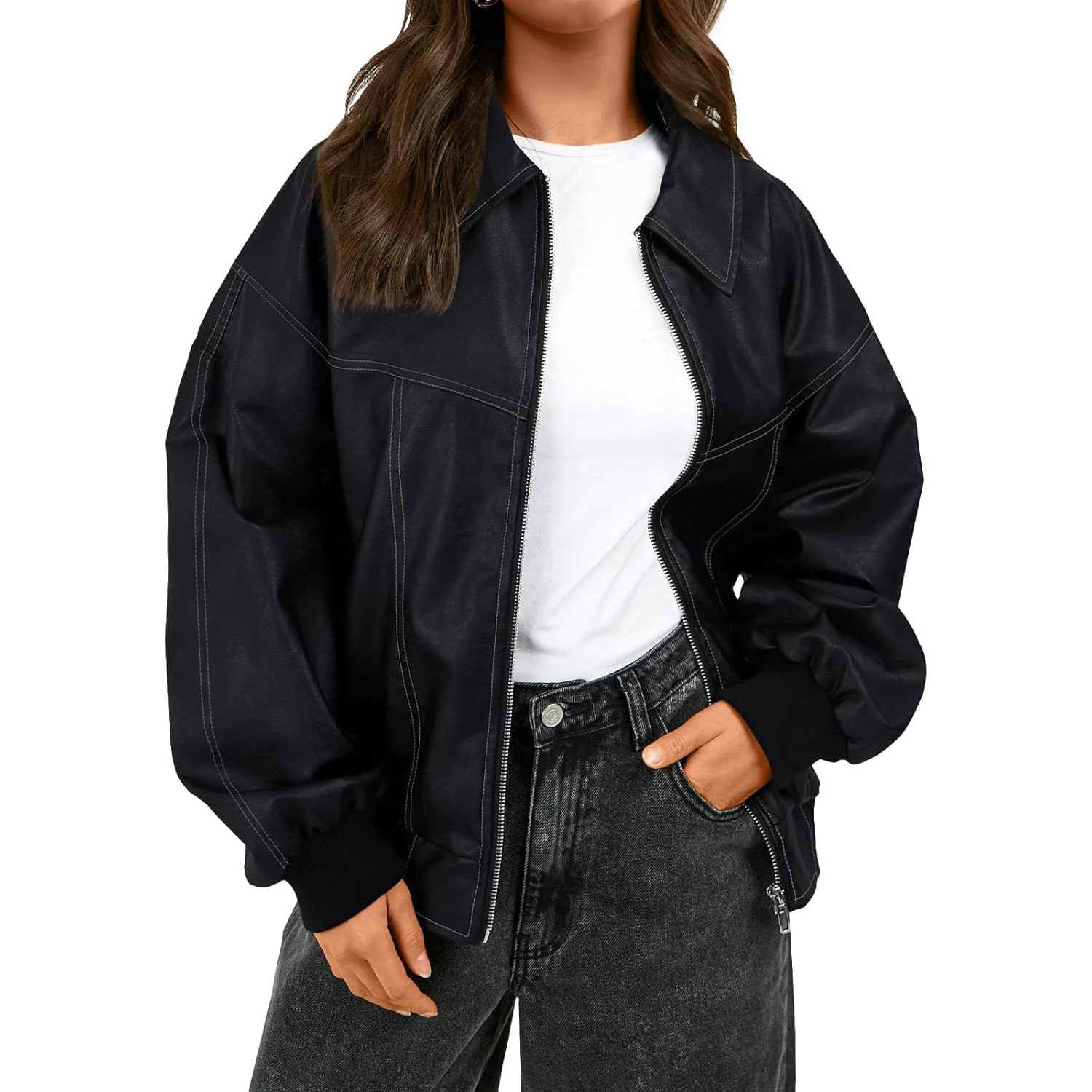 2025 European and American Cross-Border Amazon New Autumn and Winter Retro Leather Jacket Washed Snowflake Pu Women's Leather Jacket