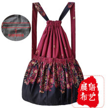 抽绳束口袋花布双肩包女中老年大容量旅行背包尼龙轻便折叠购物包