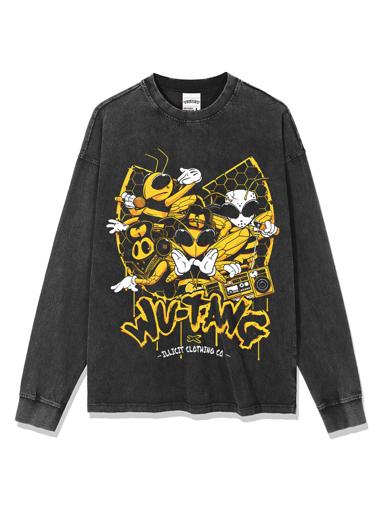Wu-tang camiseta de manga corta retro americana con estampado lavado y desgastado suéter con capucha y cuello redondo suelto de algodón pesado