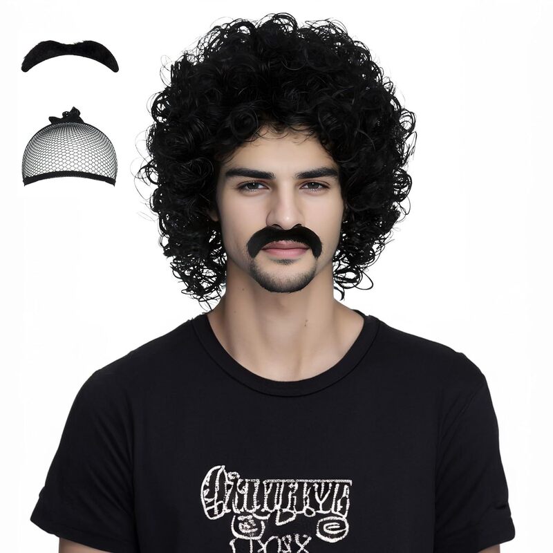 Amazon's Hot-Selling Halloween Disco 80S Punk Hippie Black Short Curly Hair European and American Men's Rock Wig