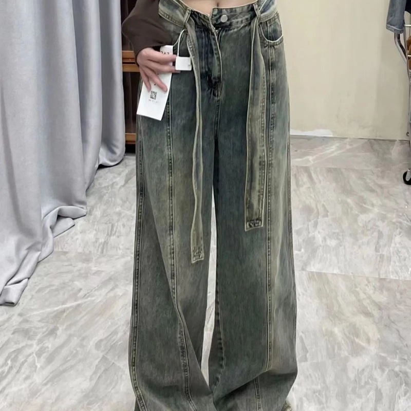 设计感复古水洗绑带垂感阔腿裤2025新款秋冬高腰毛边直筒牛仔裤女|undefined