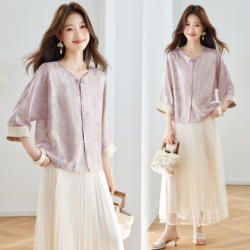 2026 Summer Collection New Chinese Style Jacquard Jacket Shirt Round Neck Tang Suit High-End Versatile Cardigan Top for Women