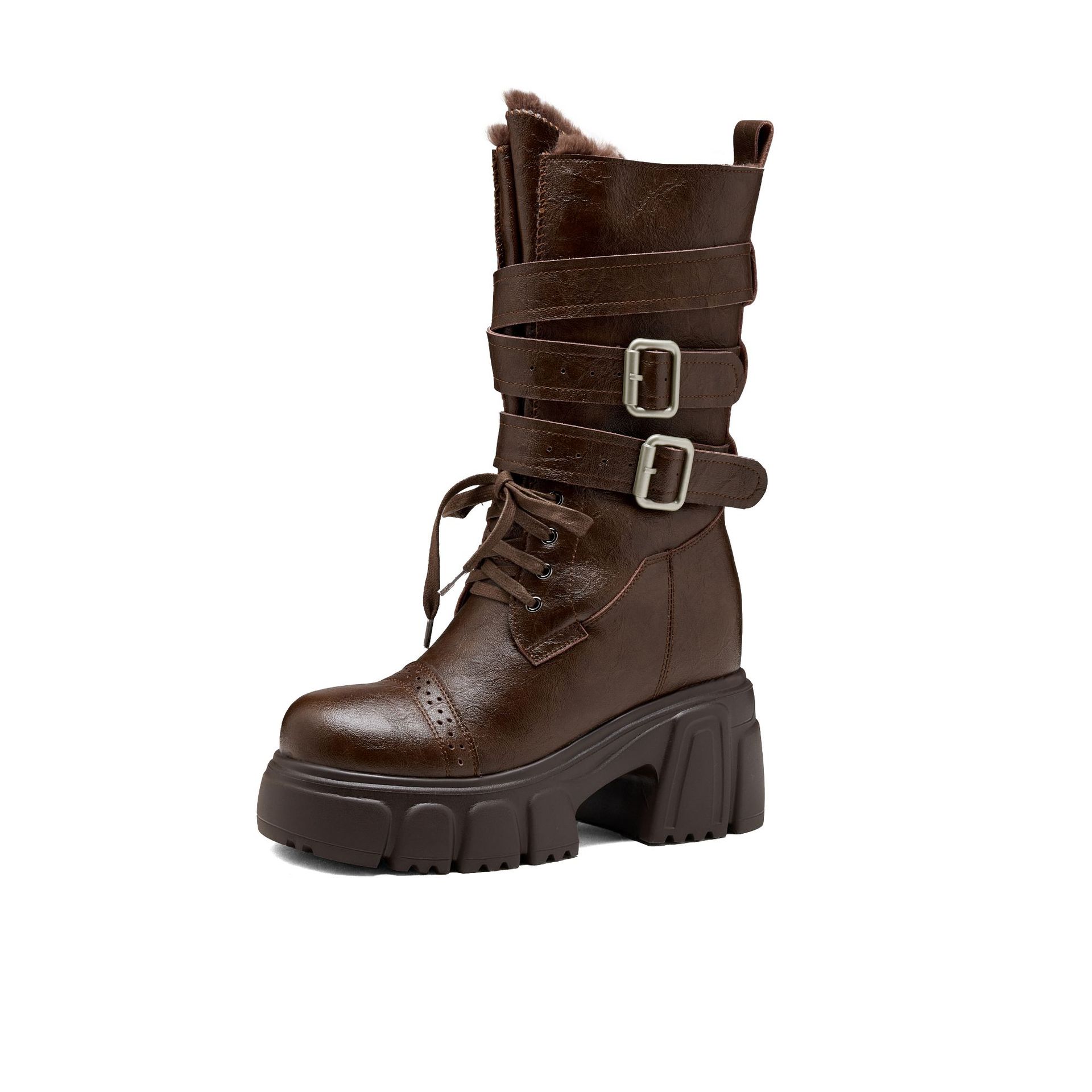 Boot cổ trung nữ gót vuông 10cm phong cách biker khóa thắt lưng — nhung nâu
