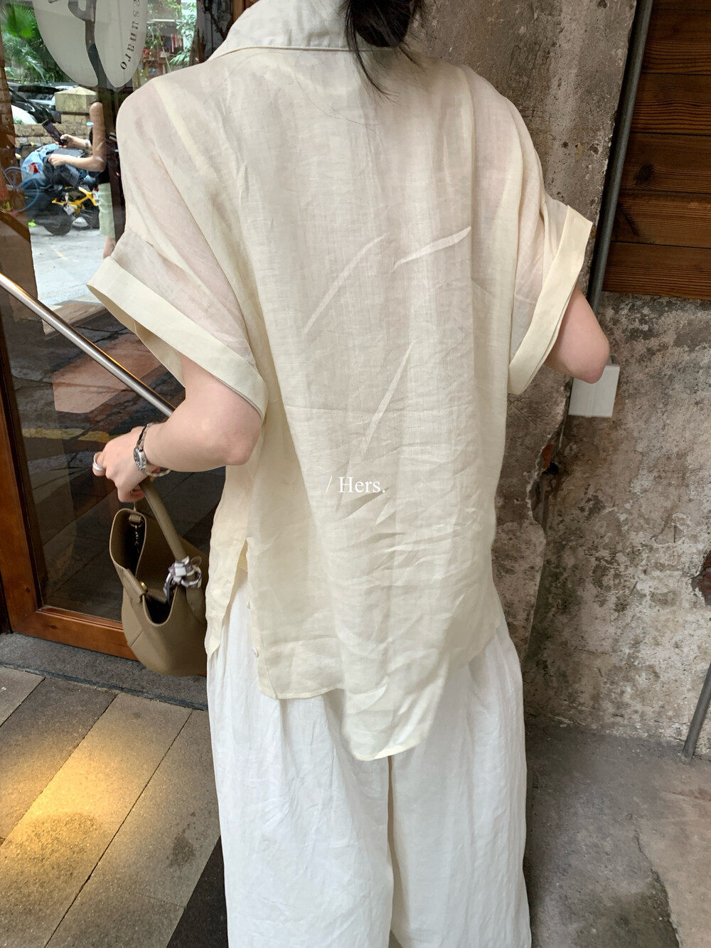 Áo sơ mi nữ linen tay ngắn cổ V phong cách Pháp — nghệ, màu hồng, màu trắng, màu mơ chi tiết 19