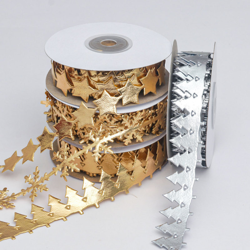 Cross-border Hot Sale Ultrasonic Pressing Lace Gold and Silver Ribbon Christmas Tree Decoration Gift Box Accessories Jewelry Christmas Ribbon