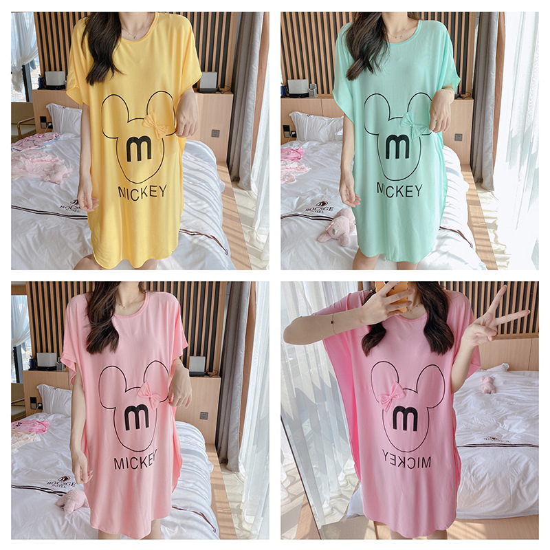Summer New Women's Short-sleeved Mid-length Soft Thin Milk Silk Translucent Pajamas Multicolor Cartoon Printed Nightgown Summer New Women's Short-sleeved Mid-length Soft Thin Milk Silk Translucent Pajamas Multicolor Cartoon Printed Nightgown