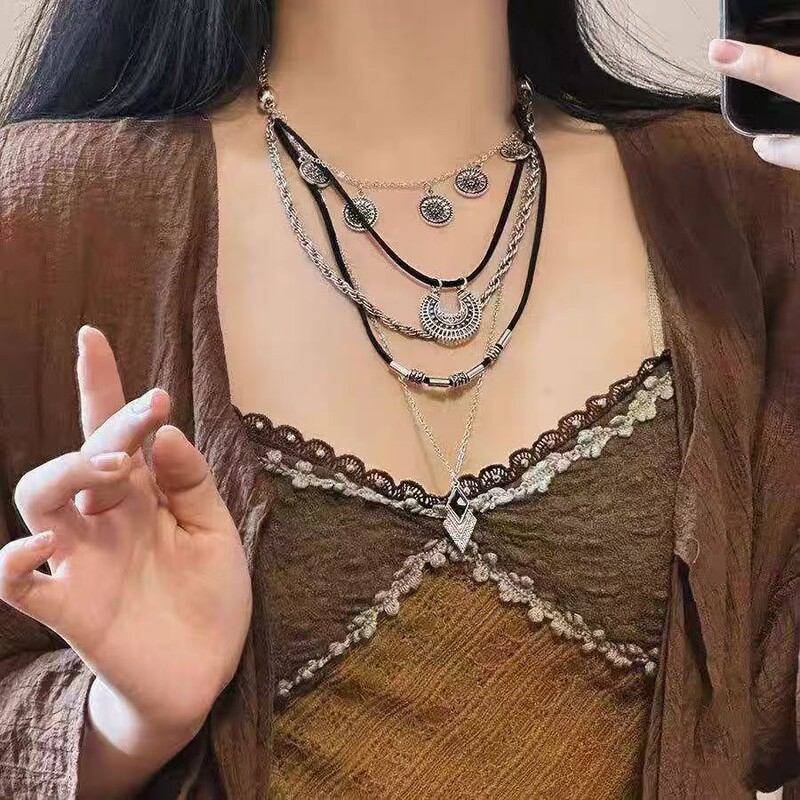 新中式叠戴吊坠项链女藏式民族风复古锁骨链小众古风百搭毛衣链潮|undefined