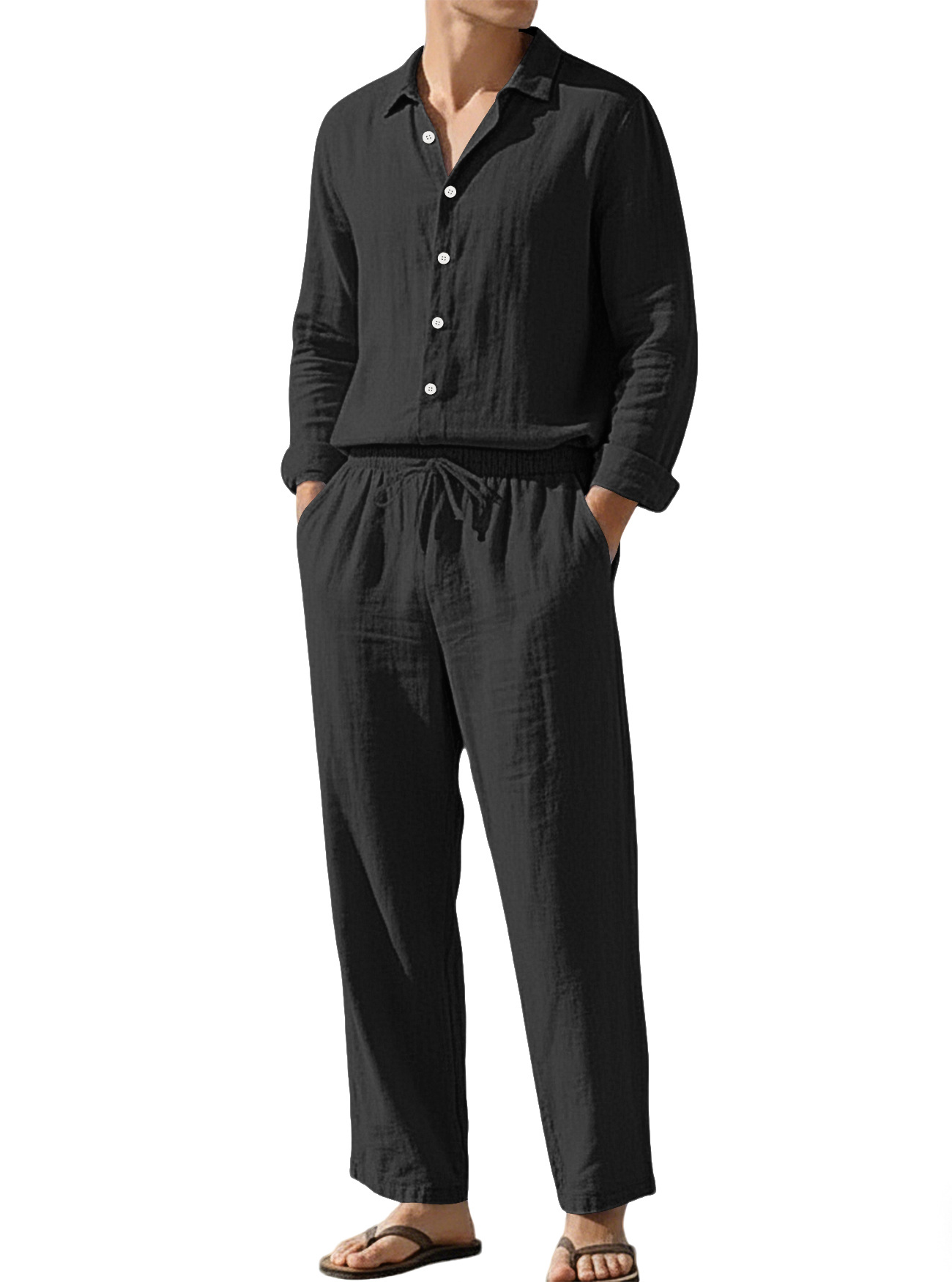 Estación independiente transfronteriza Europa y América cuatro estaciones lino transpirable ocio playa suelta protección solar camisa de mangas largas pantalones largos set hombre
