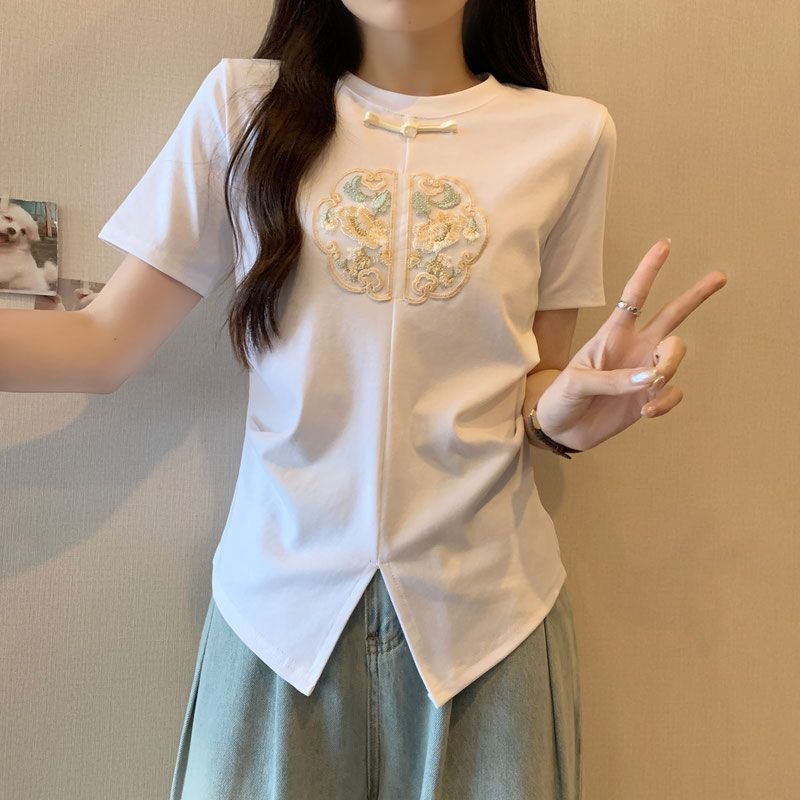 2024 Summer Embroidered Split Short Sleeve Design T-shirt New Chinese style High end Bottom Top_voghion.com