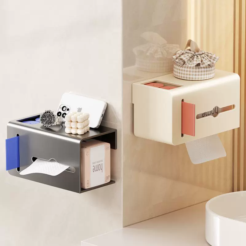 免打孔厕所壁挂纸巾架跨境无痕自粘分格垃圾袋收纳盒卫生间纸巾盒