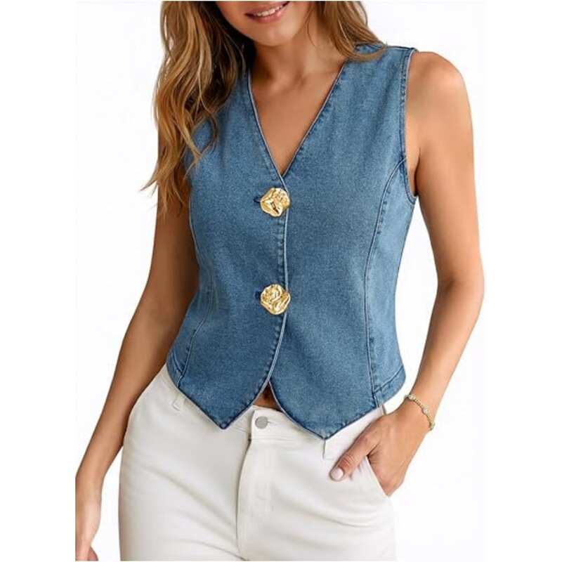 2026 European and American Cross-Border Foreign Trade Women's Clothing Buttoned Denim Vest Top Fashion Summer Casual V-Neck Single Vest