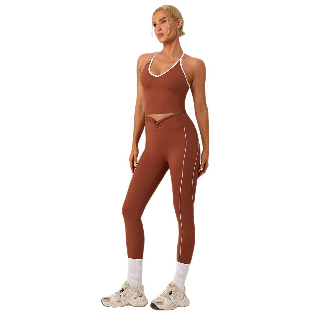 Cross-border running chaleco deportivo mujer correa de hombro yoga bra set torced línea de contraste pantalones de piernas