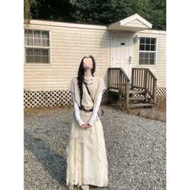 2026春季新款银扣飞飞袖短袖毛衣叠穿感+半身裙气质三件套装