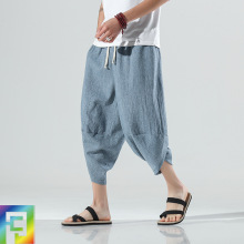2023夏季中国风亚麻沙滩裤男薄款萝卜裤宽松大码灯笼冰丝七分裤