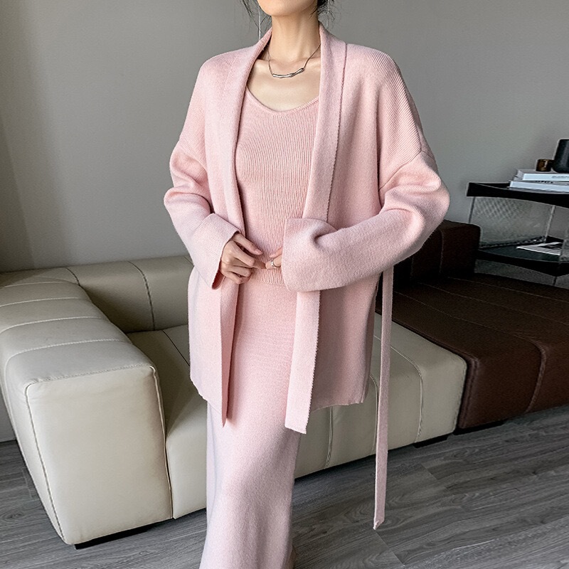 外贸高端针织毛衣三件套女2025秋冬新款坑条开衫背心阔腿裤套装|undefined