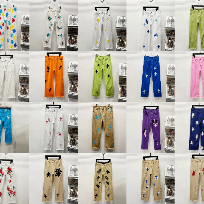 New Trendy Chrome Hearts Leather Label Washed Denim Jeans for Couples, Street Style Loose Straight-Leg Pants for Spring and Autumn, Unisex New Trendy Chrome Hearts Leather Label Washed Denim Jeans for Couples, Street Style Loose Straight-Leg Pants for Spring and Autumn, Unisex
