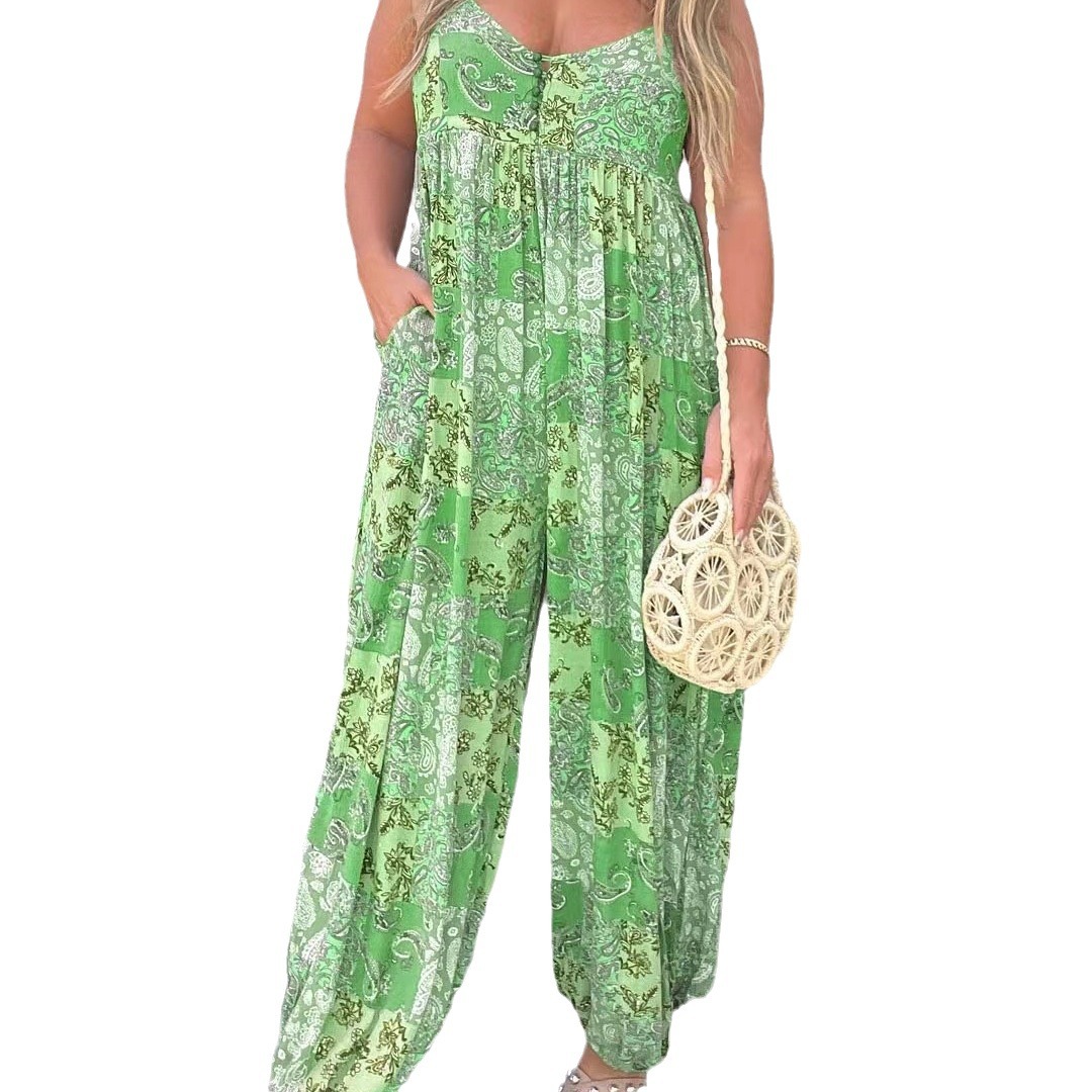Mono holgado de tirantes con estampado de moda y cintura alta para mujer, el más vendido de Amazon Wish.