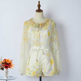 6546实拍夏季新款女装印花花朵雪纺衬衣+系带阔腿短裤+吊带套装